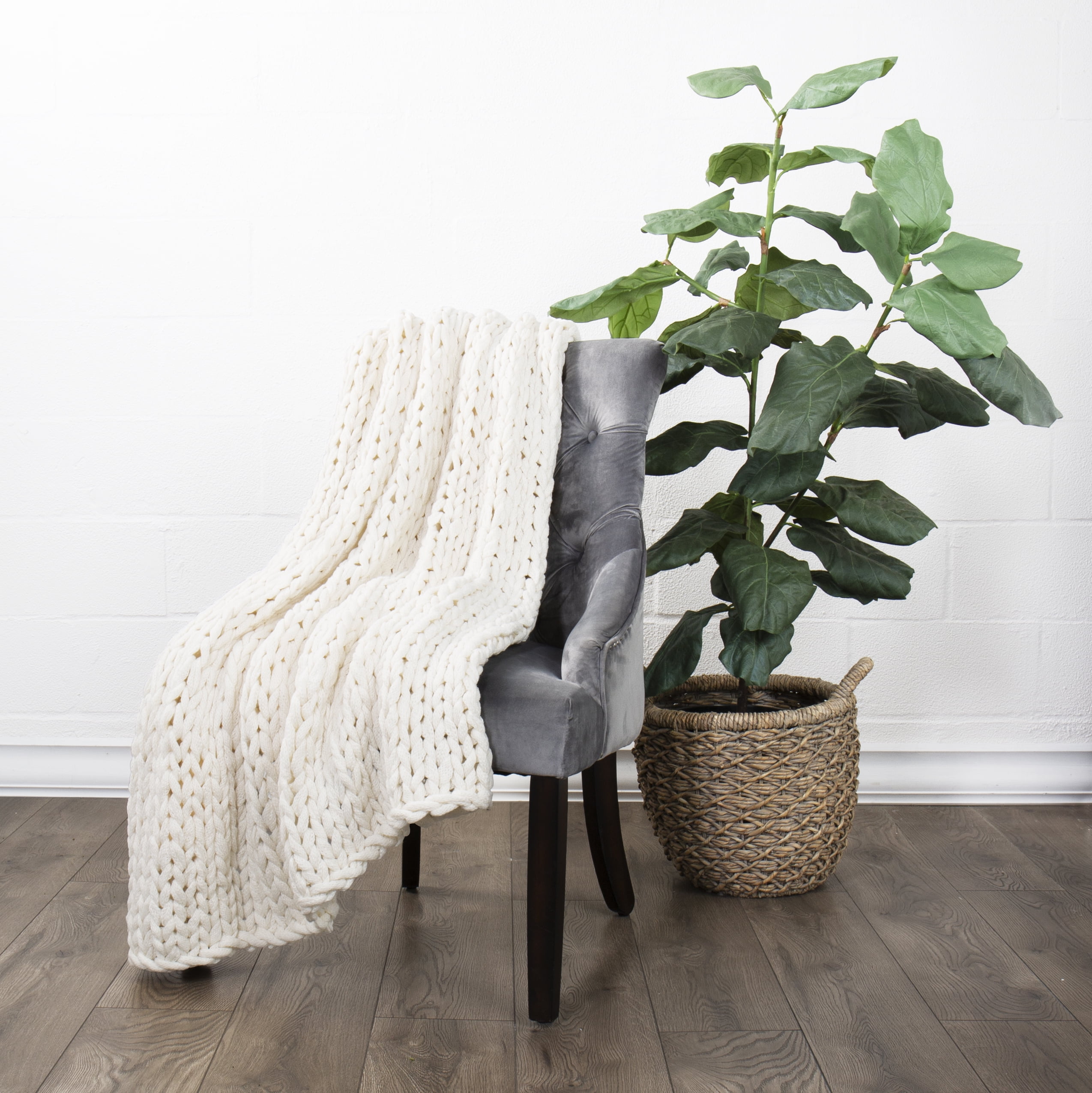 Ivory Chunky Knit Throw Blanket, One Size, by Noble Linens