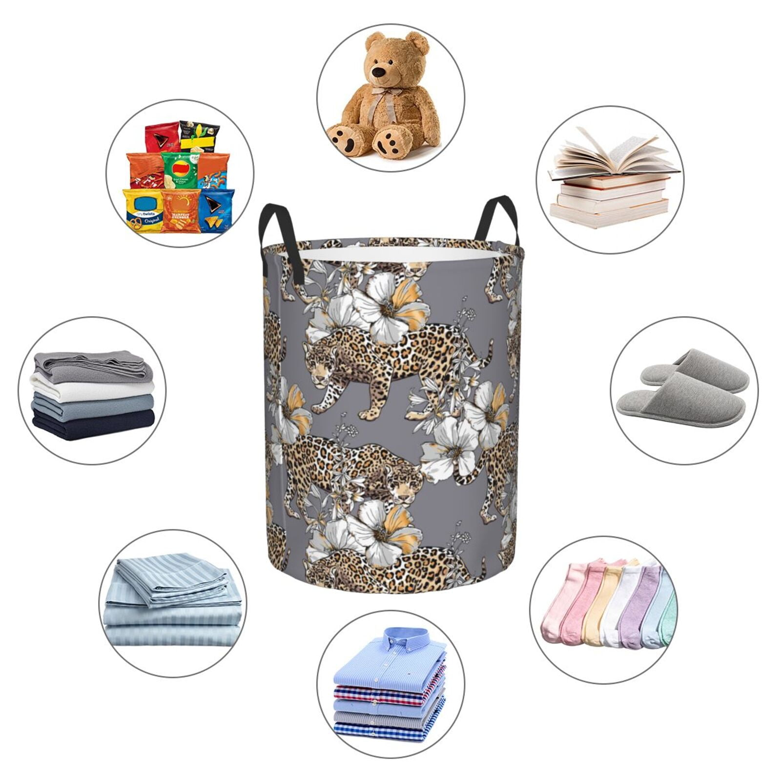 Large Laundry Basket with Handles - leopard Gold Hibiscus floral grey Kids Baby Dirty Clothes Laundry Hamper for Bedroom Aesthetic