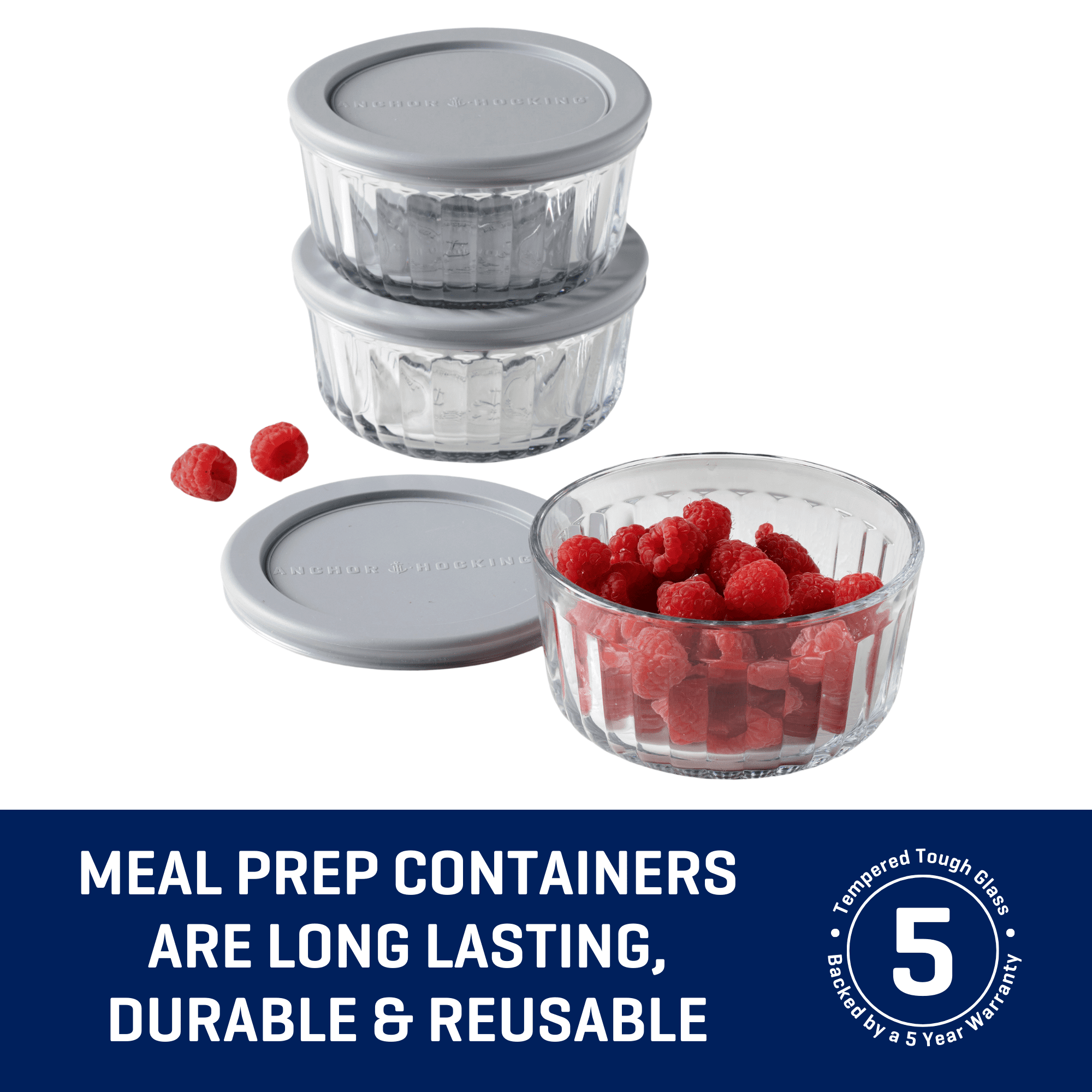 (6 pack) Anchor Hocking Sculpted Glass Food Storage Container with Lids, 2 Cup Round, Set of 3