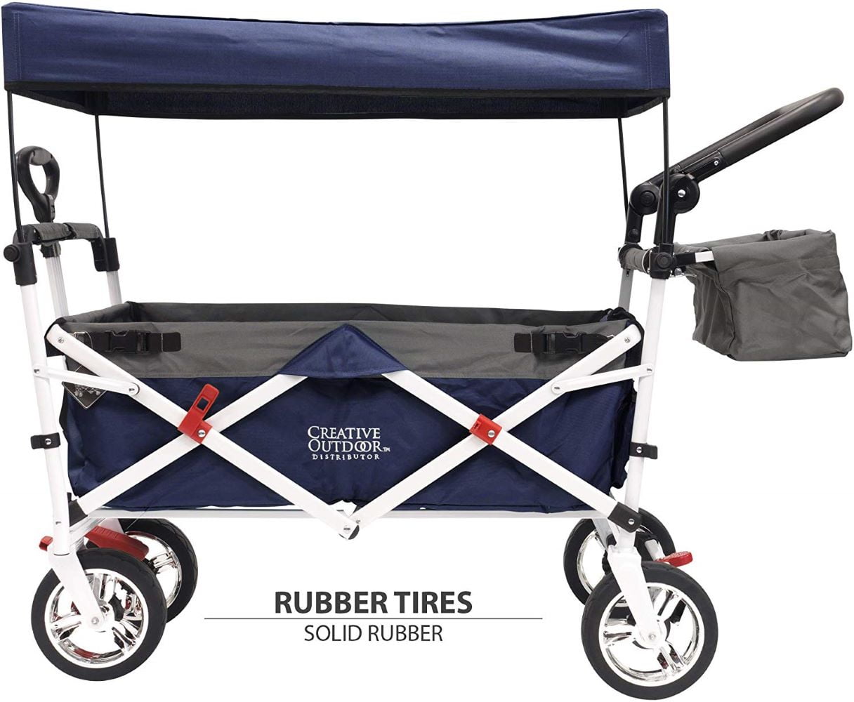 Beach Park Camping Tailgate & Garden Sun & Rain Shade Creative Outdoor Push Pull Collapsible Folding Wagon Stroller Cart for Kids Navy 