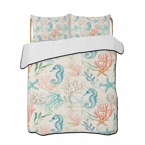 Quilt King Size Bedding Set, Teal Red Coastal Reversible Summer Quilt 3 Pieces, Nautical Seahorse Beach Coral Starfish Retro Lightweight Bedspreads Coverlets with 2 Pillow Shams for All Seasons