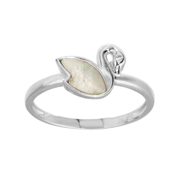 Rhodium Plated Sterling Silver Swan Simulated Mother of Pearl Ring White CZ Female Size 9