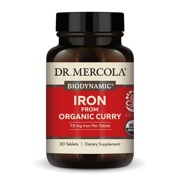 Dr. Mercola Iron from Organic Curry, 30 Servings (30 Tablets), 7.5 mg Iron Per Tablet, Dietary Supplement, Supports Immune Health, Regenerative, Certified USDA Organic, Non-GMO
