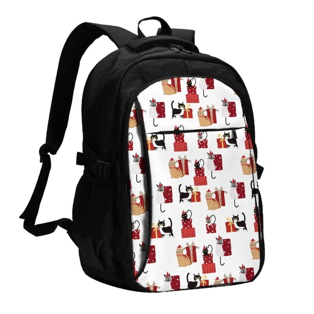 Easygdp Cute Cat And Christmas Gift Mochila para Laptop de Viaje con Puerto USB, Mochila para Laptop con Puerto de Carga USB para Mujeres y Hombres