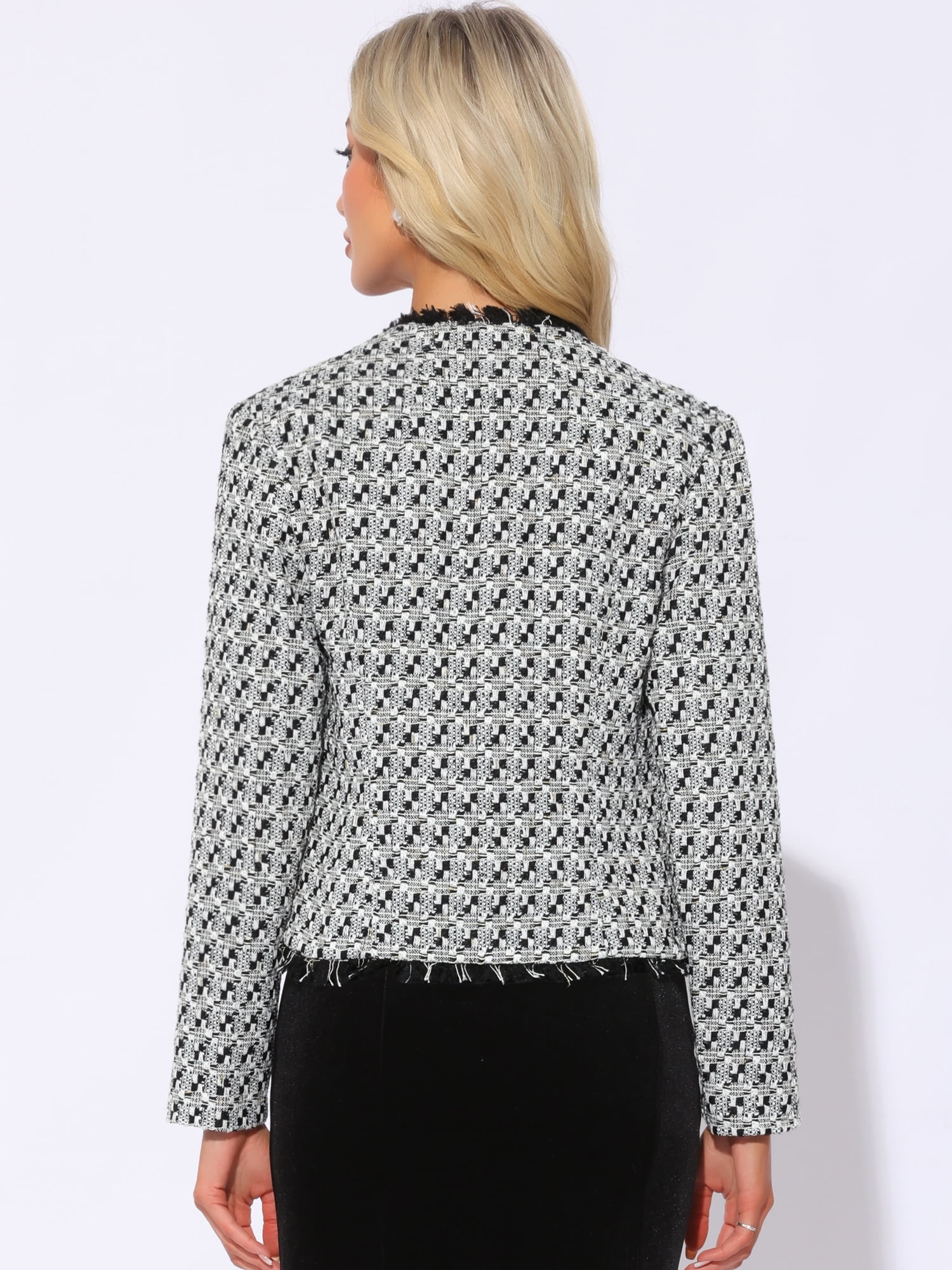 DARING DIVA Women's Plaid Tweed Long Sleeve Open Front Work Office Jacket L Black