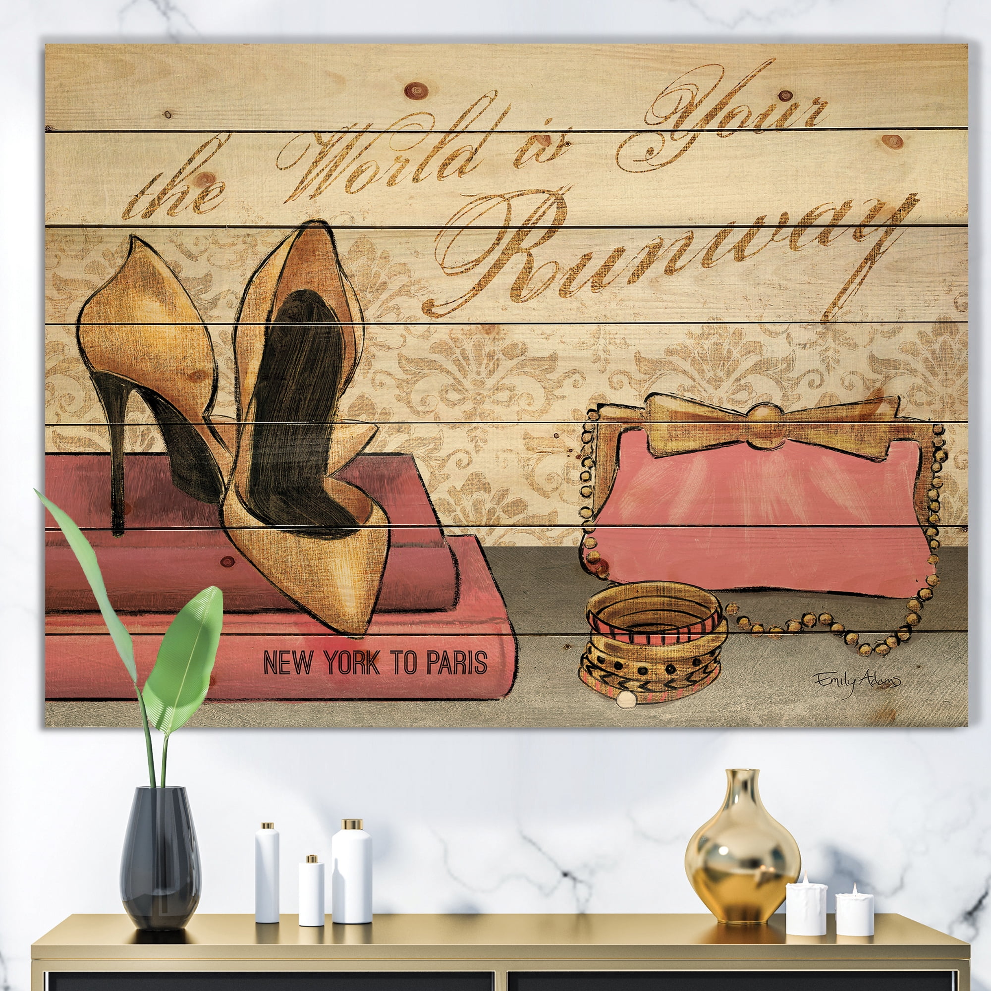 Designart 'Gold Fabulous Fashion Life Style I' Fashion Print on Natural Pine Wood