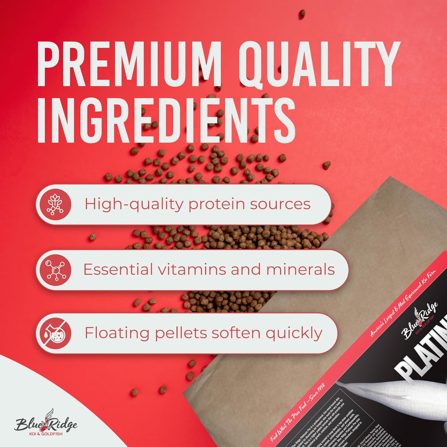 Blue Ridge Koi Fish Food 50lb - Koi Food 3/16” Platinum Pro Formula Goldfish Food, Premium Fish Food for Ponds, Floating Pond Pellets Fish Food