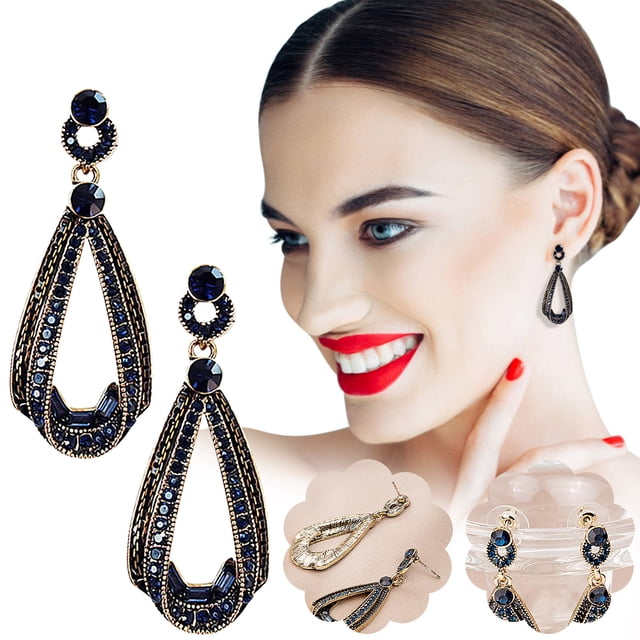 Pendientes para mujer, regalos para mujer, pendientes largos vintage de aguja con forma de gota de agua y diamantes, delicados pendientes de diamantes de imitación azules, pendientes dorados.