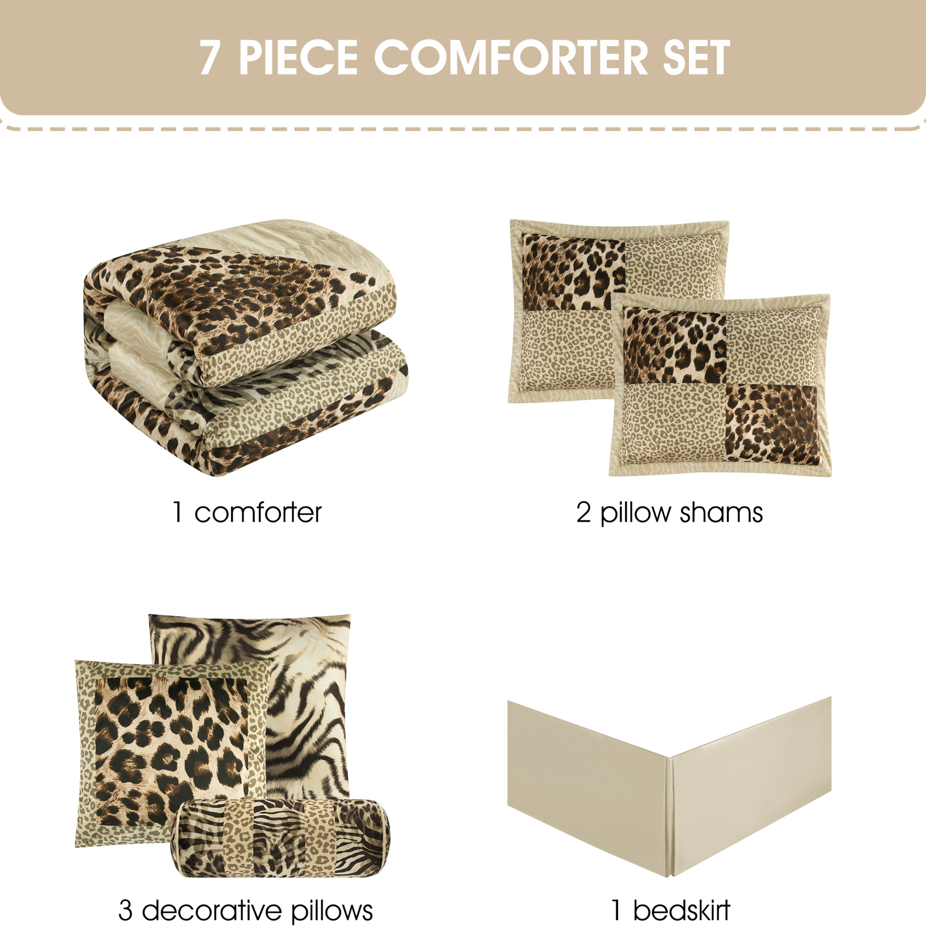 Lanco Leopard Print 7 Pieces Queen Comforter Set, Bed in a Bag, Gold Matching Pillows & Shams, Bed Skirt, Ultra-Soft