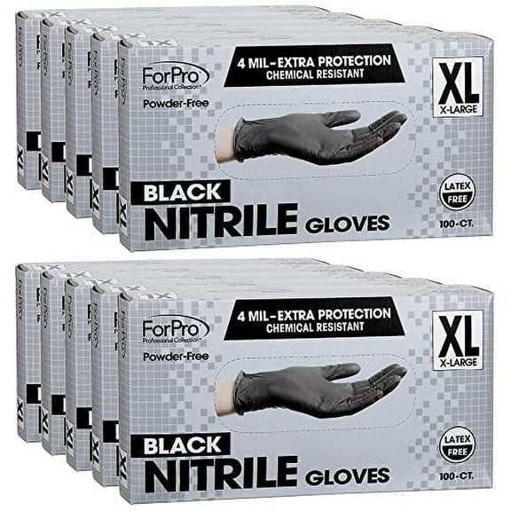 ForPro Professional Collection Disposable Nitrile Gloves, Chemical Resistant, Powder-Free, Latex-Free, Non-Sterile, Food Safe, 4 Mil, Black, X-Large, 1000-Count