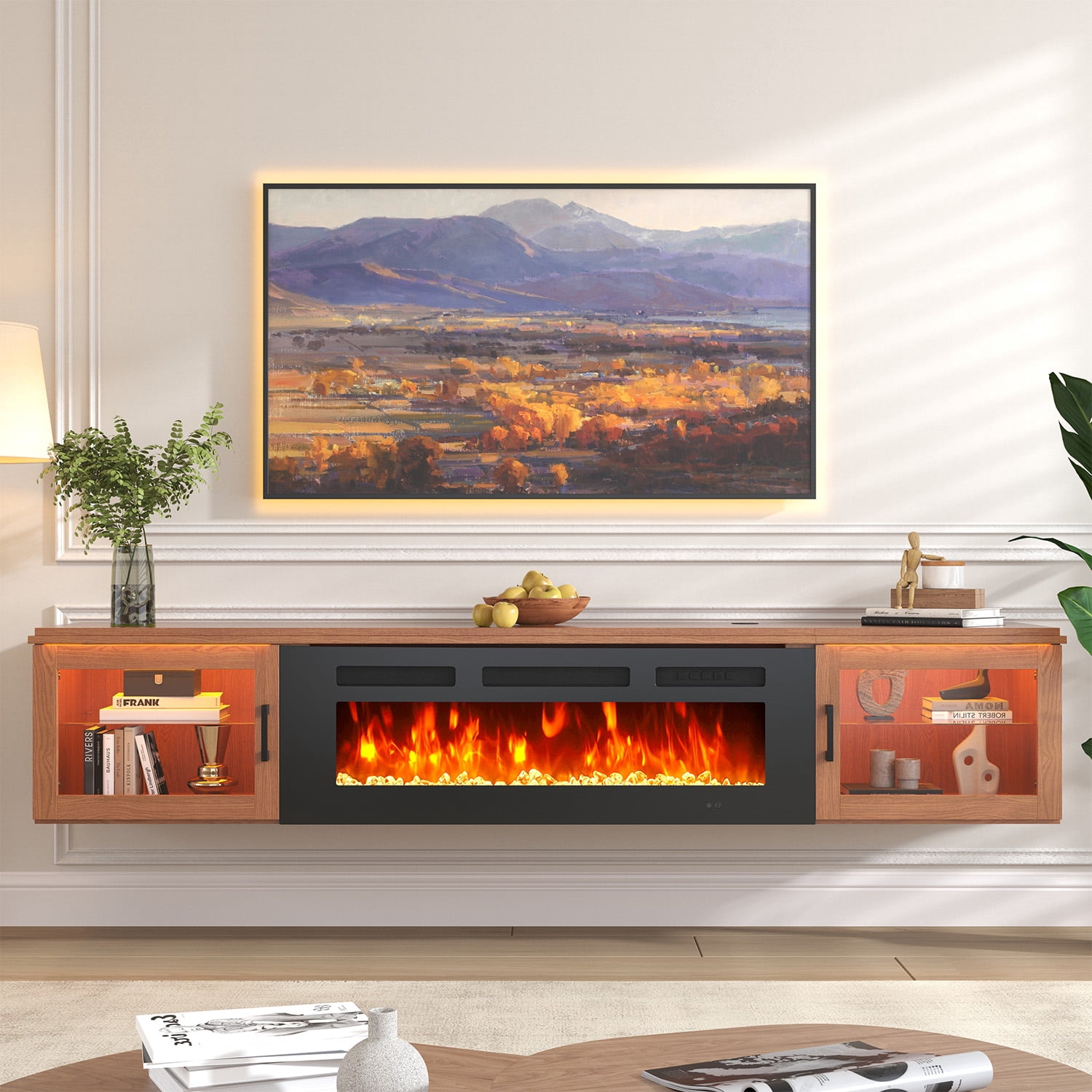 Sonegra Floating Fireplace TV Stand for TVs up 80", Wall Mounted Fireplace Entertainment Center, 70" Console Table with Electric Fireplace, Brown, WI-FI Enabled