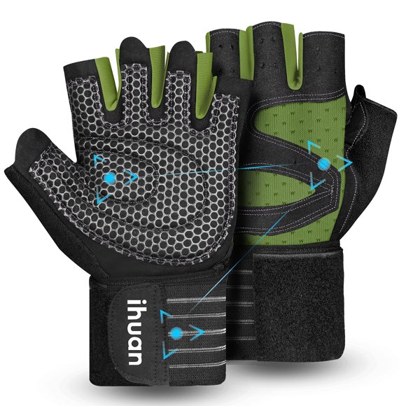 ihuan Ventilated Weight Lifting Gym Workout Gloves with Wrist Wrap Support for Men & Women Full Palm Protection for Weightlifting Training Fitness Hanging Pull ups (Dark Green L)