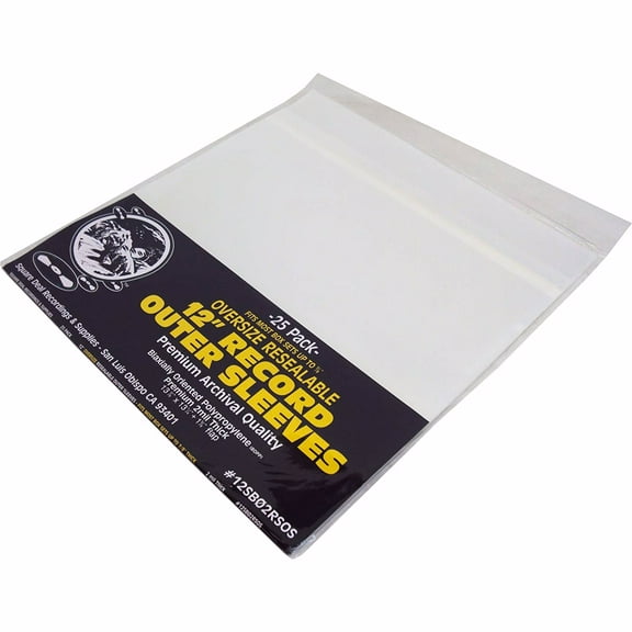 (25) 12" Resealable OVERSIZE Record Outer Sleeves - Super Clear Premium 2 Mil Thick Archival Quality BOPP - 13-7/8" x 13-1/4"   1-5/8" Flap - FITS MOST BOX SETS UP TO 7/8" THICK  #12SB02RSOS