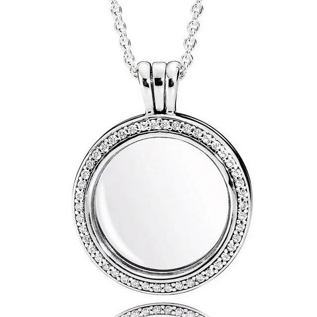 Sparkling Heart Large Key With Crystal Round Lockets Floating 925 Sterling Silver Necklace For Europe Bead Charm Diy Jewelry