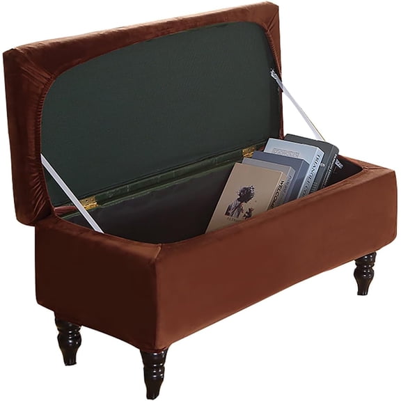 Ottoman Cover Rectangle, Stretch Velvet Storage Ottoman Cover Ottoman Covers Slipcover Rectangle-Removable Storage Bench Cover Folding Ottoman Covers with Elastic Bands Ties,Brown,Small