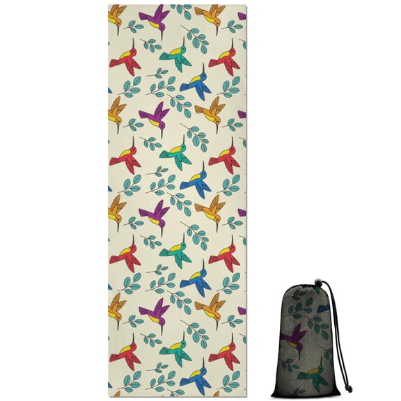 74x26 Inch Yoga Towel, Sweat Absorbent Non-Slip Mat for Hot Yoga, Pilates & Fitness,Hummingbird Floral Leaf Colorful Beige Pattern