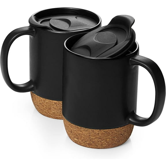 Coffee Mugs Set of 2, 15 OZ Coffee Cup with Cork Bottom and Splash Proof Lid, Ceramic Mug Set with Large Handle for Men, Women, for Coffee Tea Latte, Matte Black