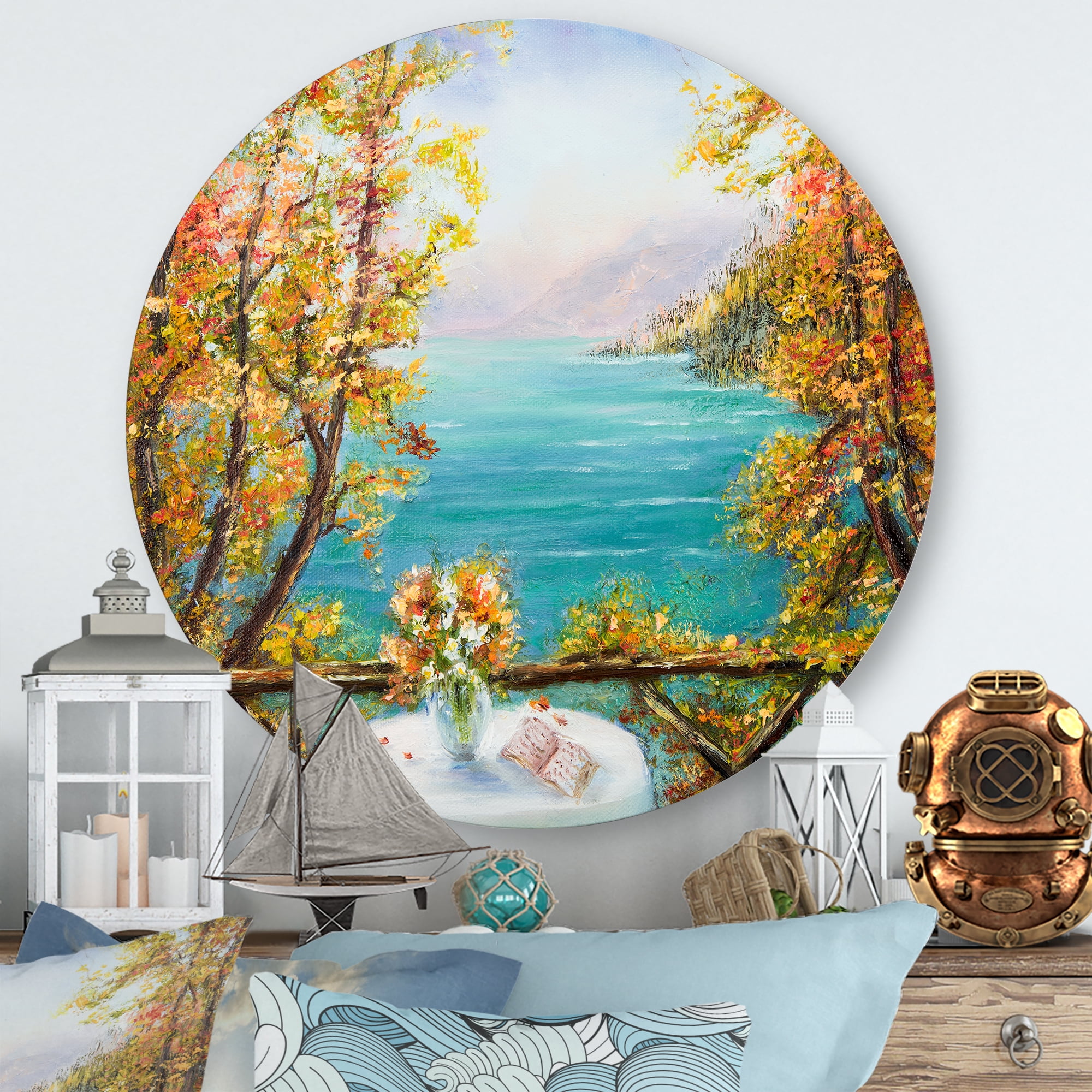 Designart 'The Blue Ocean View From Terrace' Nautical & Coastal Circle Metal Wall Art 23x23 - Disc of 23
