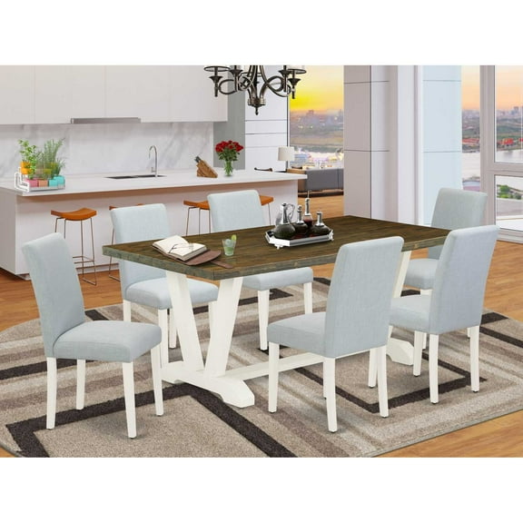 East West Furniture 7-Pc kitchen dining table set Includes 6 Dining Chairs with Upholstered Seat and High Back and a Rectangular Modern Kitchen Table - Linen White Finish