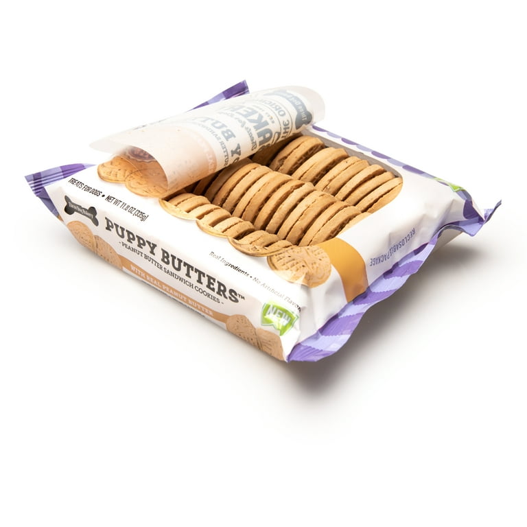 Three Dog Bakery Puppy Butters Peanut Butter Flavored Sandwich Cookies Crunchy Treats for Dogs 11.8 oz. Bag