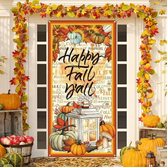 HomeKingdee Fall Thanksgiving Door Decorations It's Fall Y'all Banner Autumn Farm Cartoon Cow Door Cover for Home Front Porch Decor Thanksgiving Party Supplies