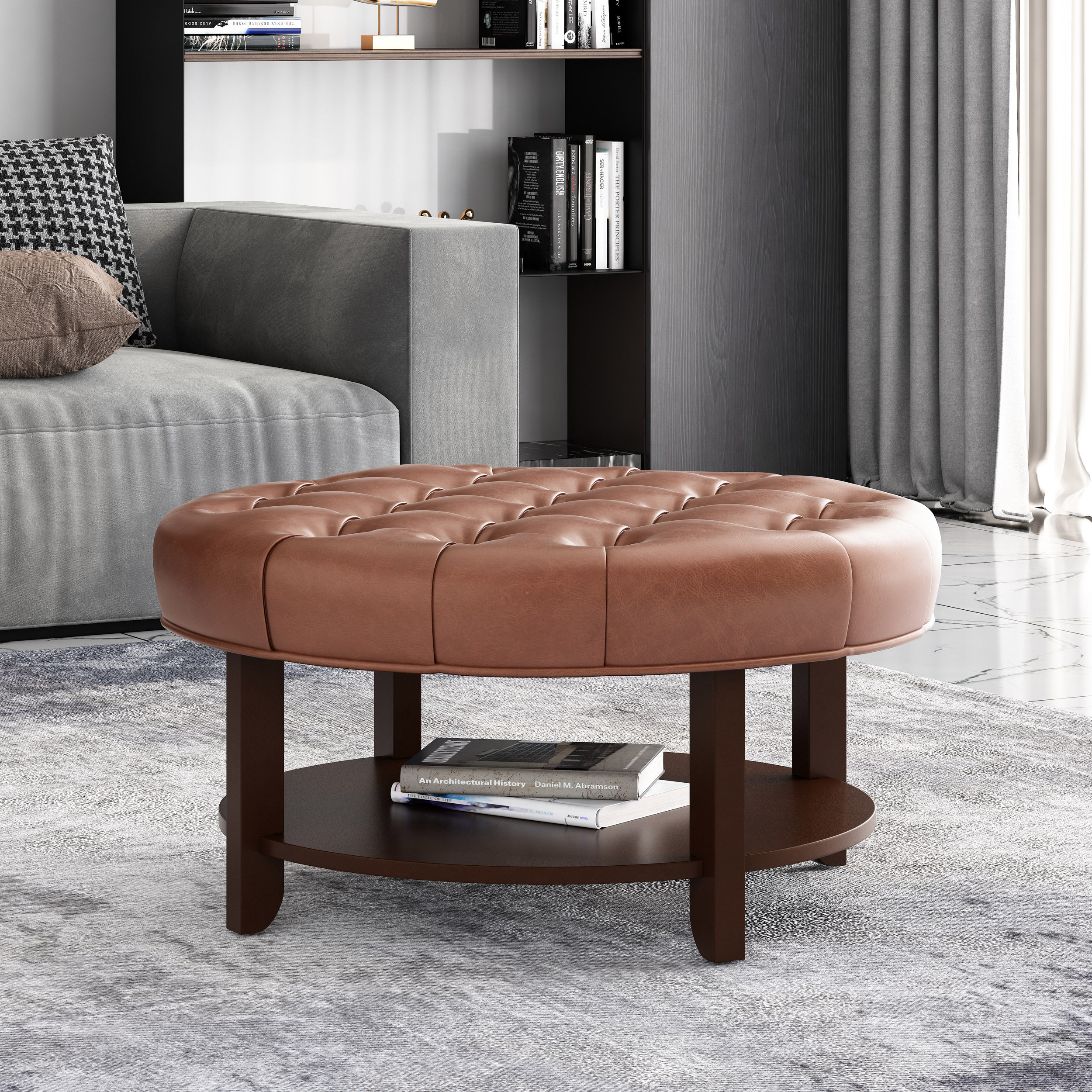 Noble House Aldrich Faux Leather and Wood Tufted Round Ottoman with Open Shelf, Cognac Brown and Espresso