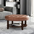thumbnail image 2 of Noble House Aldrich Faux Leather and Wood Tufted Round Ottoman with Open Shelf, Cognac Brown and Espresso, 2 of 7