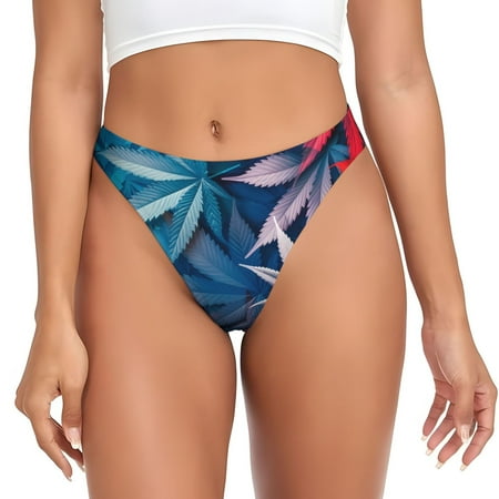 Qokaie Red And Blue Leaves Printed Women s Cotton Thong Underwear  Sexy Breathable Panties G-string-X-Small