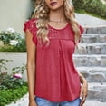 thumbnail image 4 of Top de manga corta con volantes para mujer, cuello redondo, empalme de encaje en el pecho, camisa holgada de manga corta a la moda para primavera y verano, rojo sandía S, 4 of 8