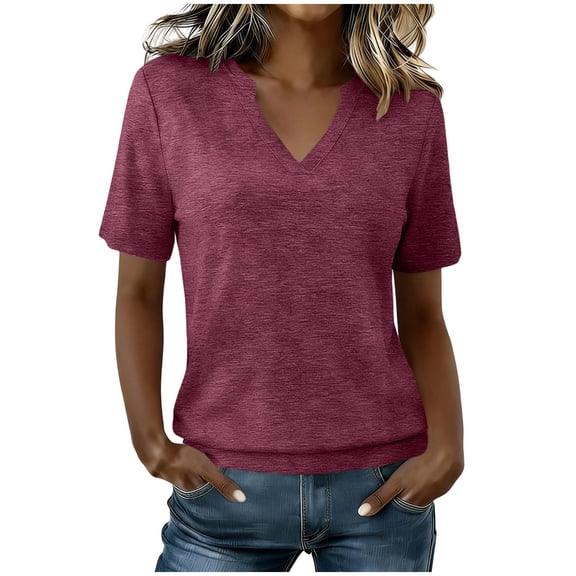 CYMMPU Women's Summer Solid Color Loose V Neck Short Sleeve T-Shirt, Casual Soft Lightweight Everyday Wear Blouse Hot Pink XL