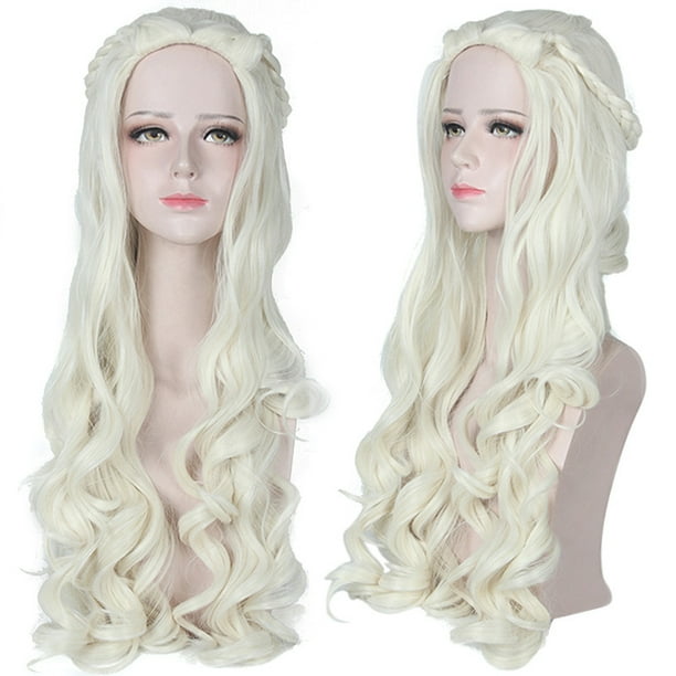Peluca para cosplay, larga, rizada, blanca, 80 cm, con corona trenzada, genérica