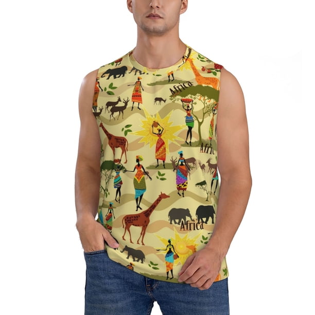 Fotbe Ethnic African Men's Camiseta sin Mangas Estampada para Hombres, Playera Casual para Gimnasio, Entrenamiento, Playa-3X-Large
