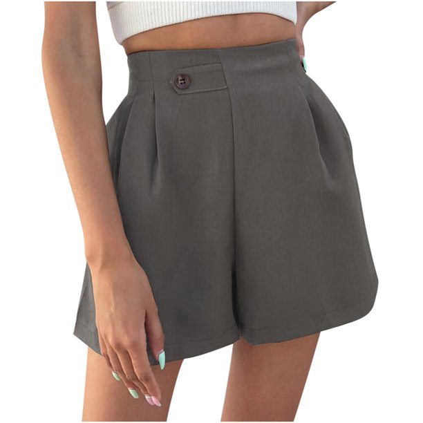 Pantalones cortos de pierna ancha informales de color liso para mujer, cintura elástica, pantalones con botones Fridja fhjkhfk459405
