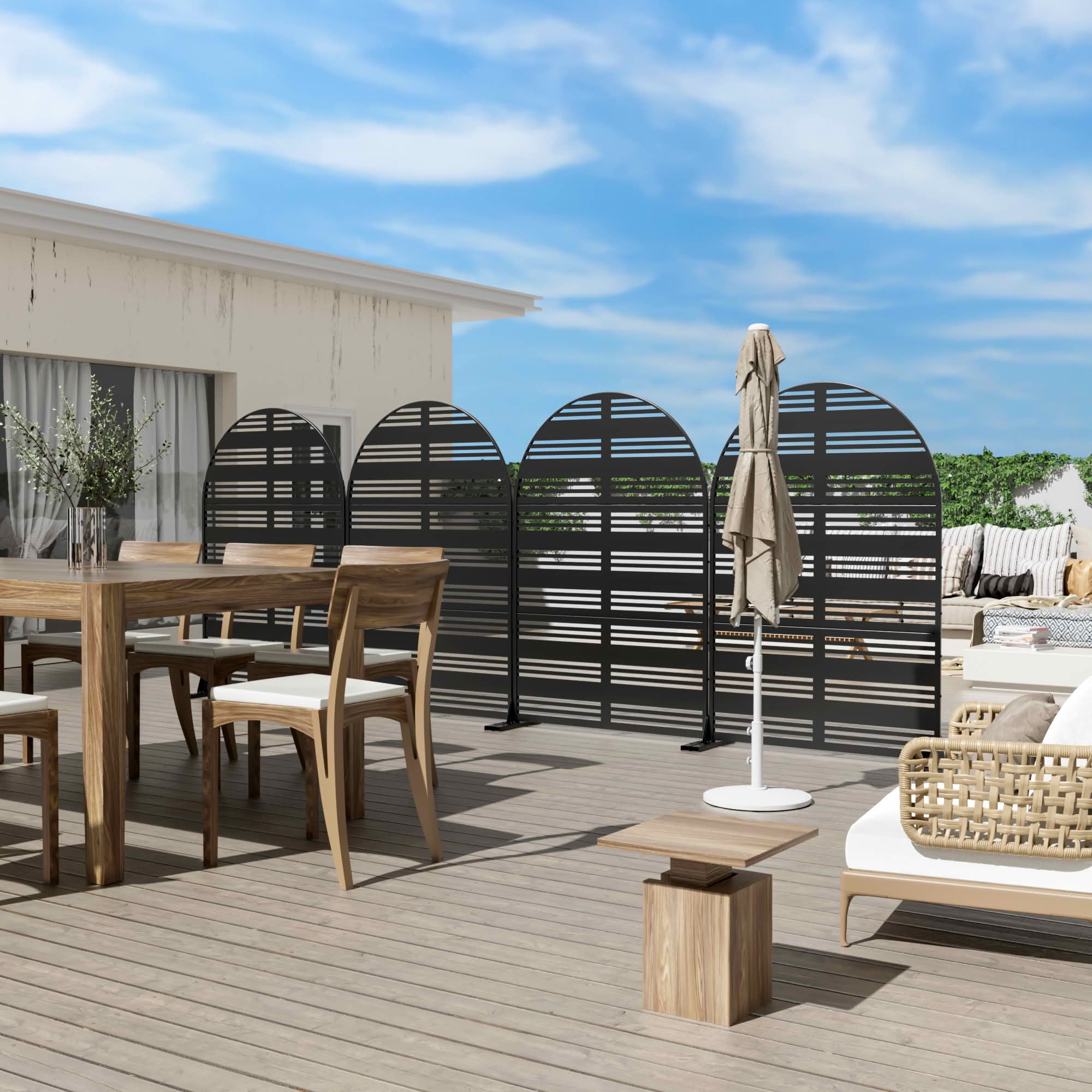 MAYEERTY 72x47x16 Inch Black Wide 1 Narrow 2 Louvered Arched Galvanized Steel Privacy Screen, 3 Piece Set for Outdoor Street