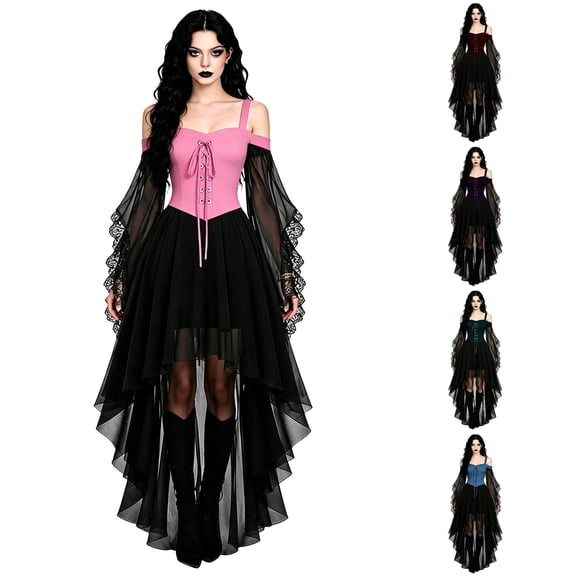 Xijirk Womens Gothic Renaissance Costume Off Shoulder Lace Up Flare Mesh Sleeve High Low Tulle Dress for Halloween Cosplay Party Role Play,Red,L