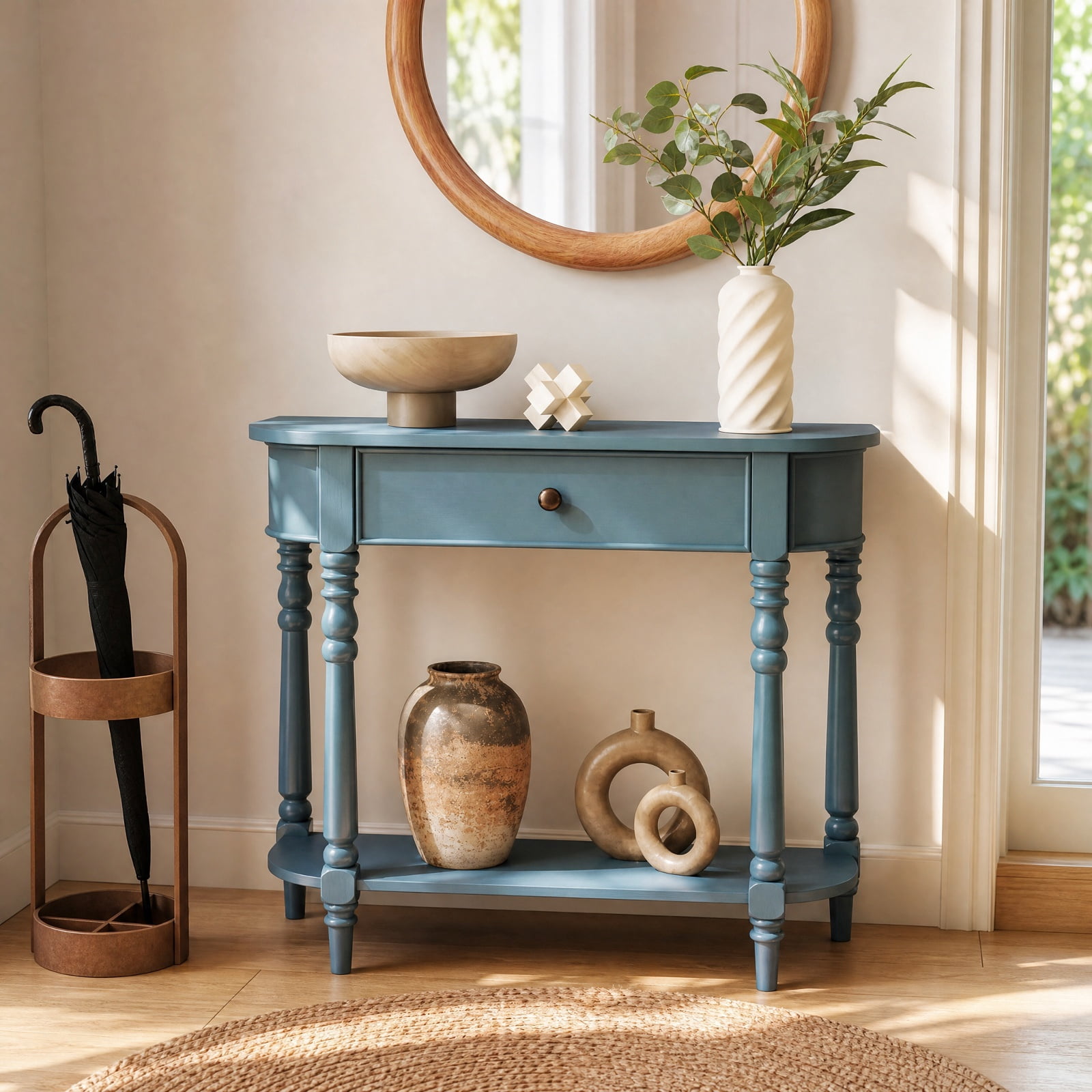 Furnibear Retro Narrow Console Table 36 Inch Wooden 2 Tier Sofa Table with Drawer for Entryway Hallway and Behind Couch, Blue
