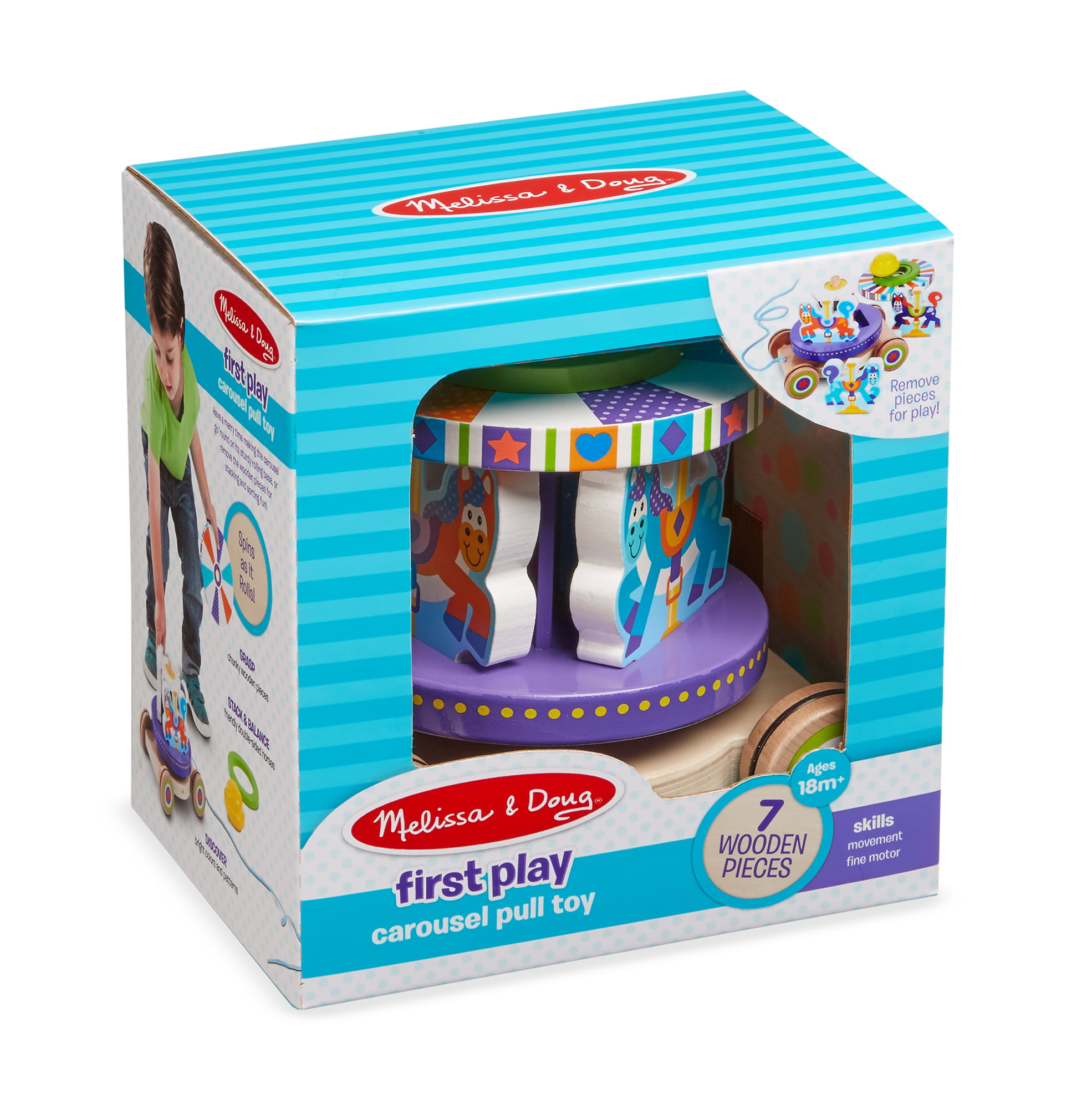 13616 Melissa & Doug- First Spinning Carousel Wooden Pull Toy with Removable Play Pieces Classic version anglaise Multicolore 