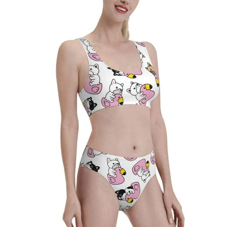 Uemuo French Bulldog Duck Printed Women s High Waisted Bikini Sets Sporty Two Piece Swimsuits Color Block Cheeky High Cut Bathing Suits-Small