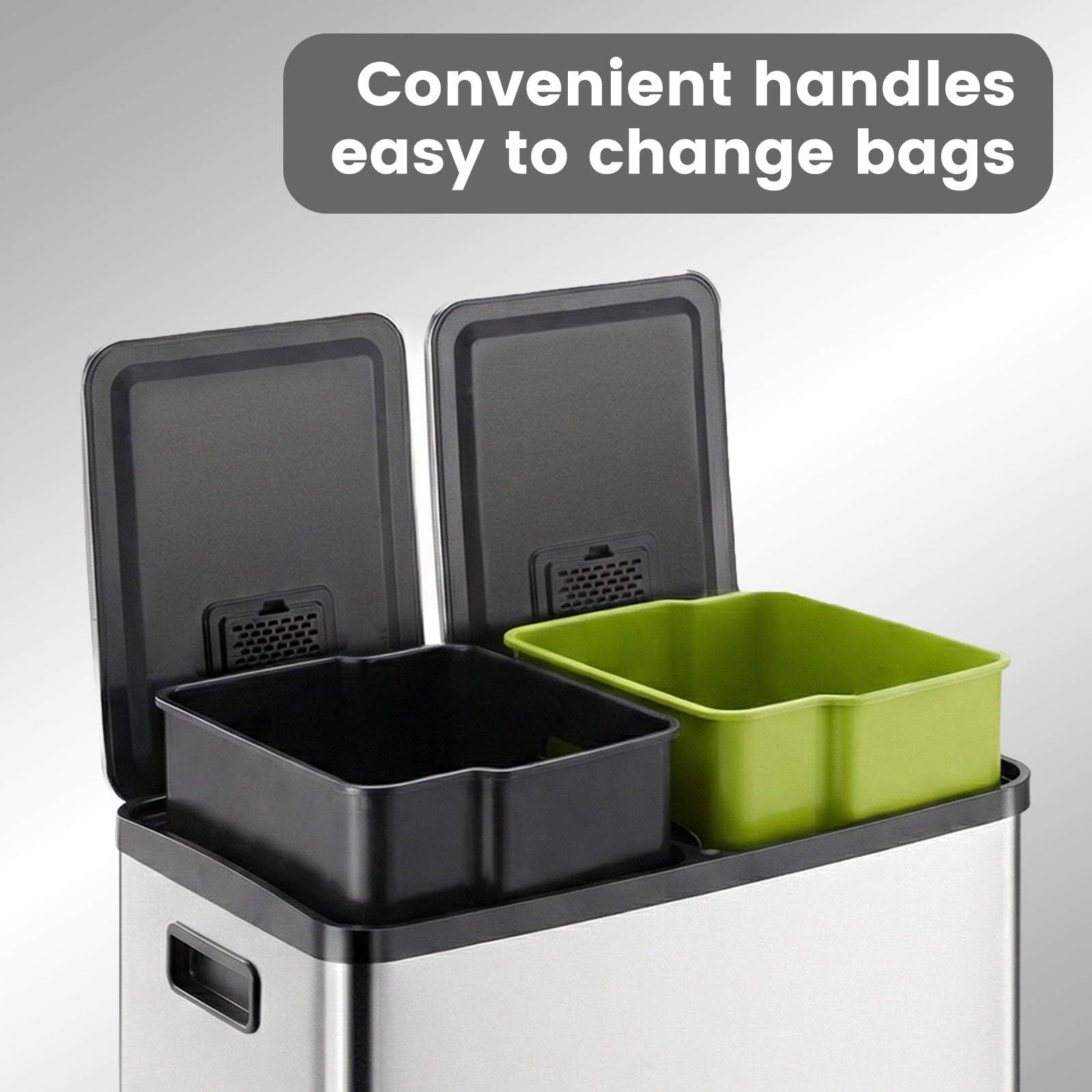 CONCETTA Dual Compartment 60L Trash Can, 2 x 8 Gallon, Stainless Steel Garbage Bin with Soft-Close Lid,  Removable Inner Buckets, for Kitchen