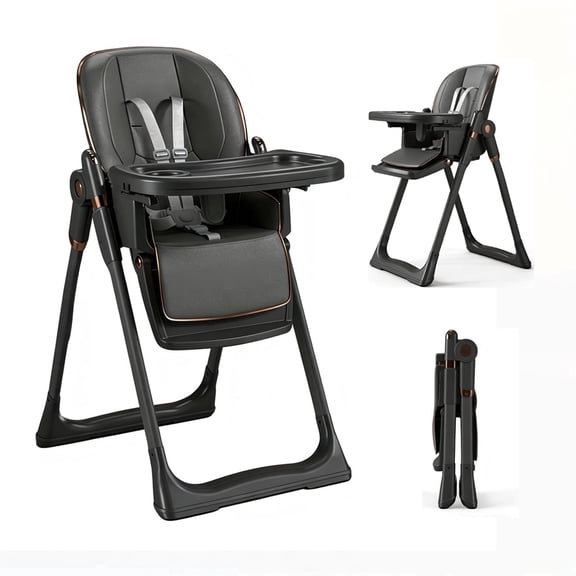 Cochildor Foldable High Chair for Babies & Toddlers, with 5 Point Harness, Tray, Foot Rest and Wheels, Gray