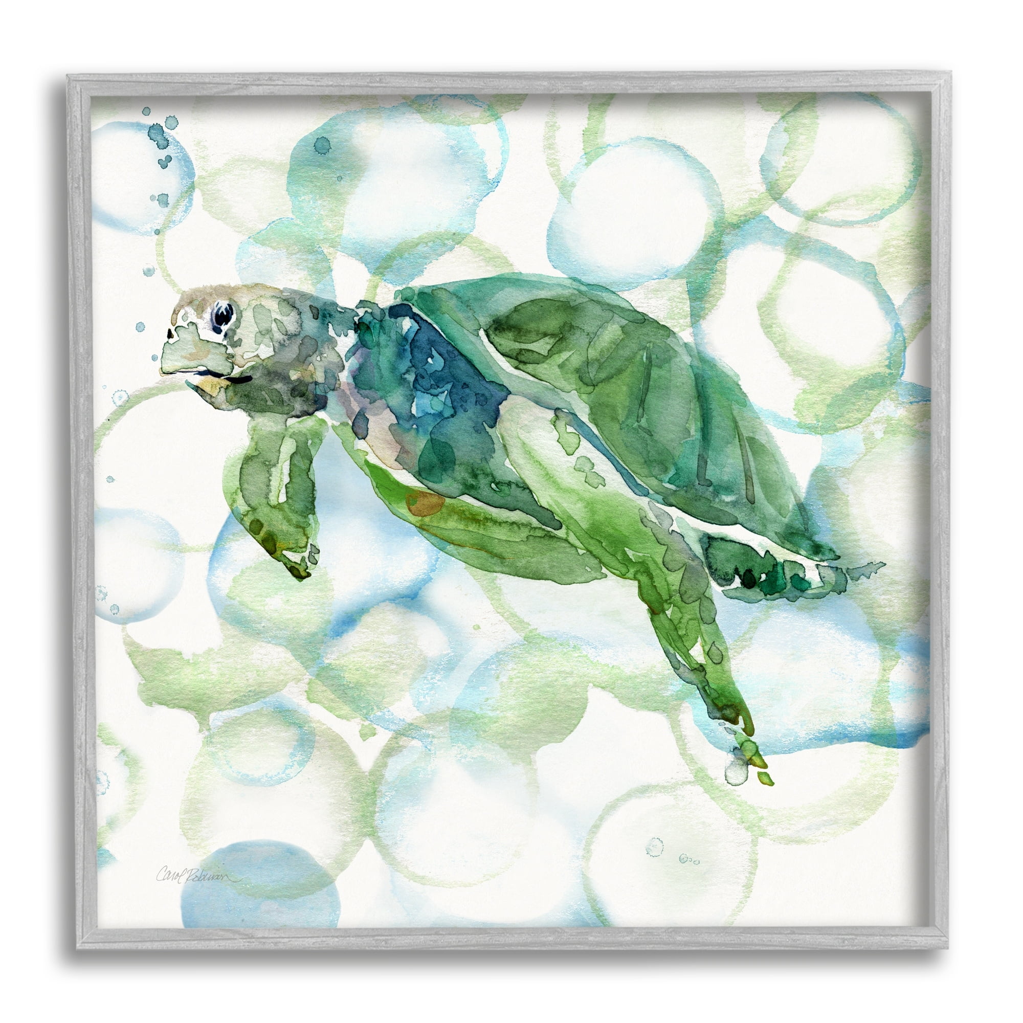 Stupell Industries Watercolor Sea Turtle Swimming Ocean Water Bubbles Painting Gray Framed Art Print Wall Art, Design by Carol Robinson