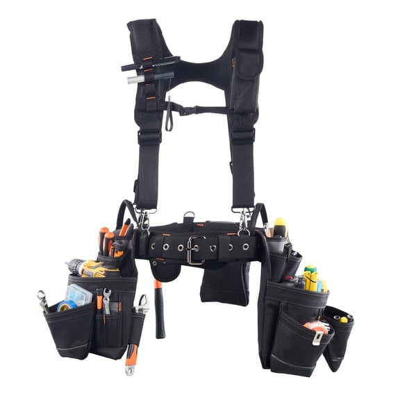 Tool Pouch with Detachable Suspenders, 19-Pocket Utility Belt for Construction and Carpentry Work, Adjustable to Fit Waist 31-51in