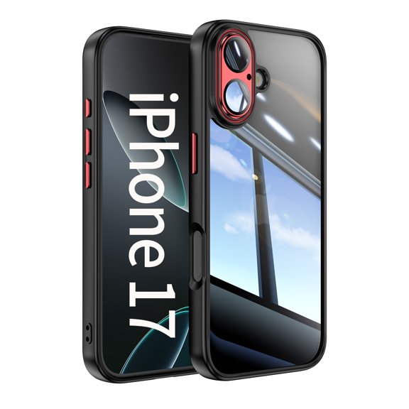 ELEHOLD Case for iPhone 17, Clear Shockproof Hybrid Phone Case with Built-in Camera Lens Protector, Blackred