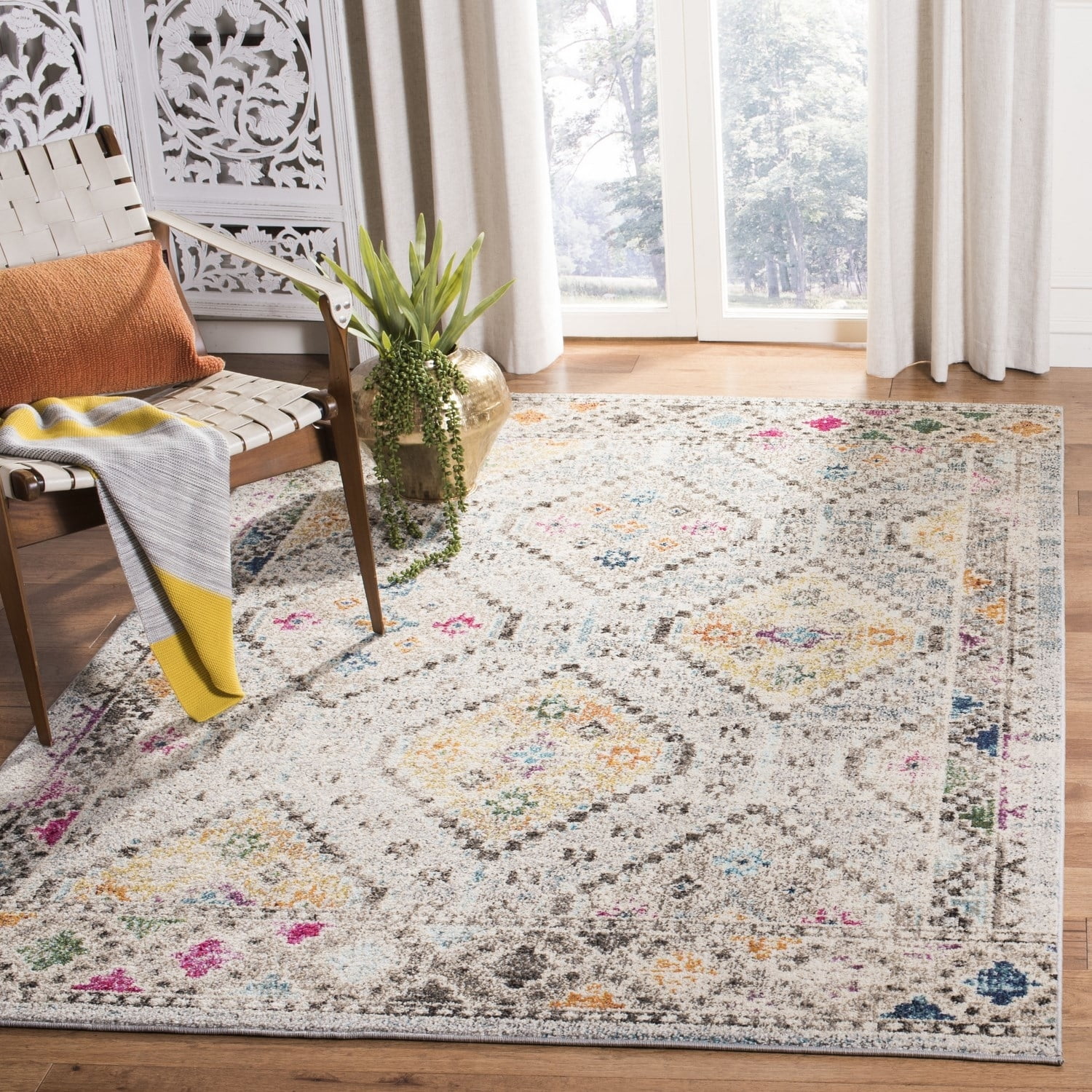 SAFAVIEH Madison Lanford Vintage Geometric Area Rug, Grey/Yellow, 9' x 12'