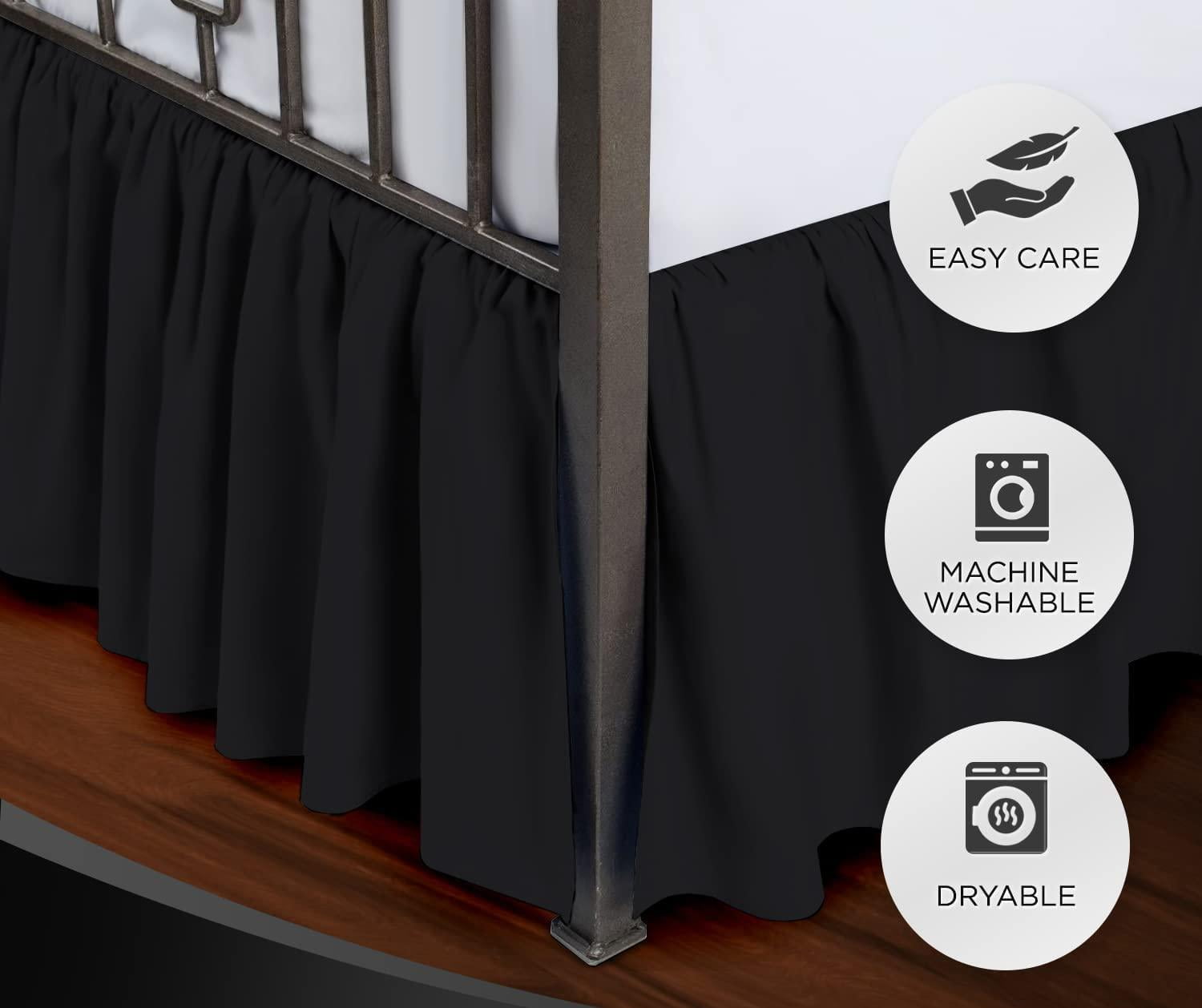Split Corner Ruffle Bed Skirts 18" Drop, Fully Elastic Dust Ruffle, 100% Microfiber, Split Corner Bed Skirt Fade Resistant, Machine Washable Luxurious Fabric, Twin Size - Black Solid.