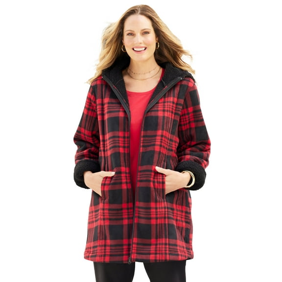 Catherines Women's Plus Size Petite Long Fleece Coat With Sherpa Lining