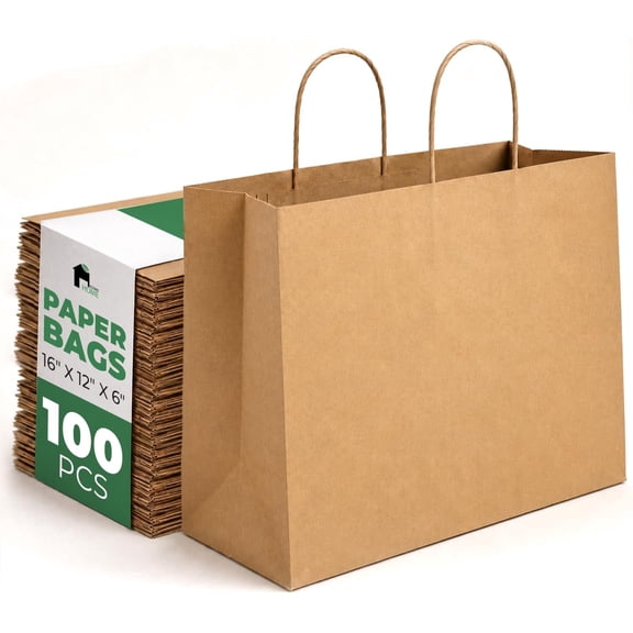 EconoHome Premium Eco-Friendly 16 x 6 x 12 Inch Paper Bags - Recyclable Gift Bags with Handles for Shopping, Parties, and Everyday Use - 100 Pack
