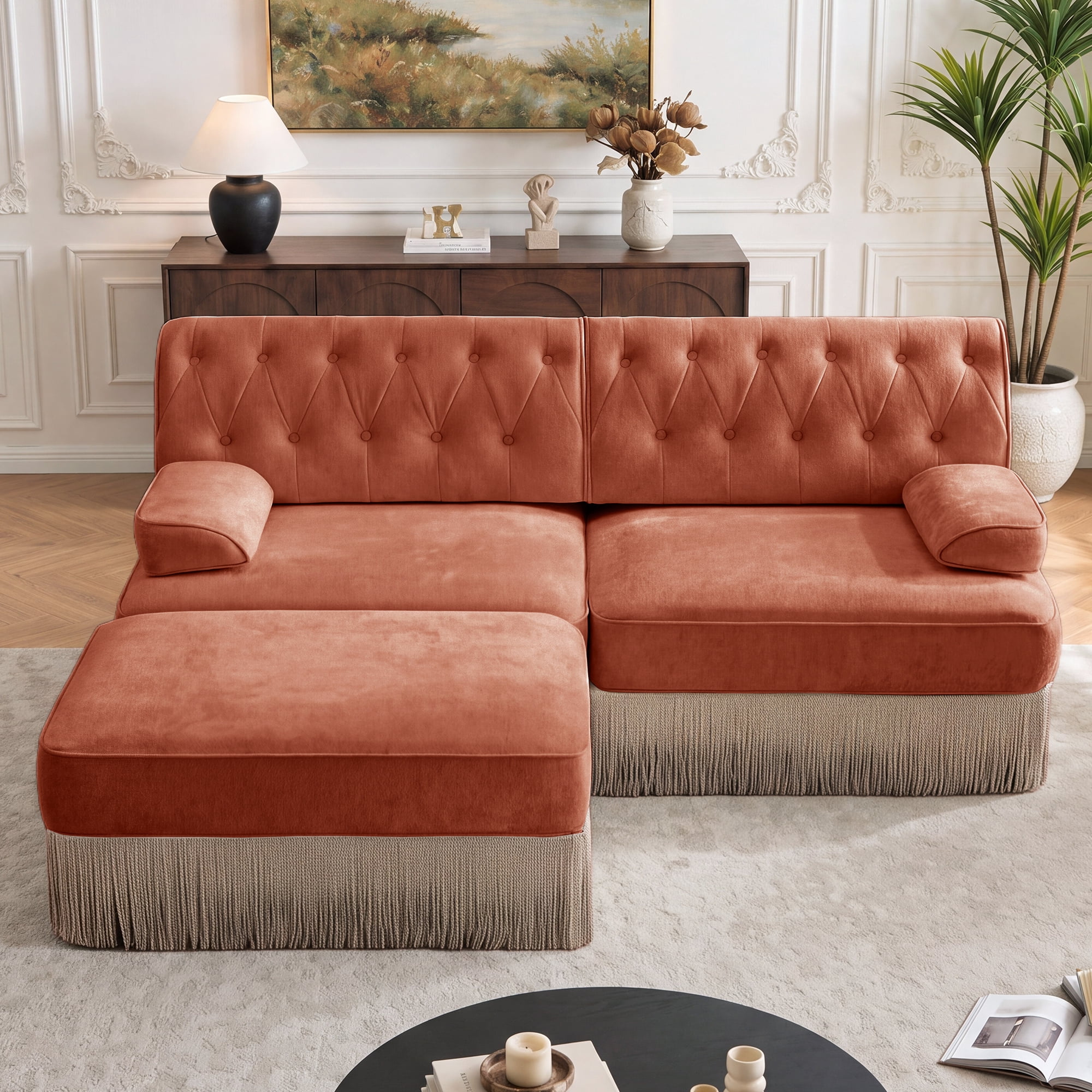 76.6" Chesterfield L-Shaped Modular Sectional Loveseat Sofa Set with Ottoman and Tassel Skirt, Easy to Assemble
