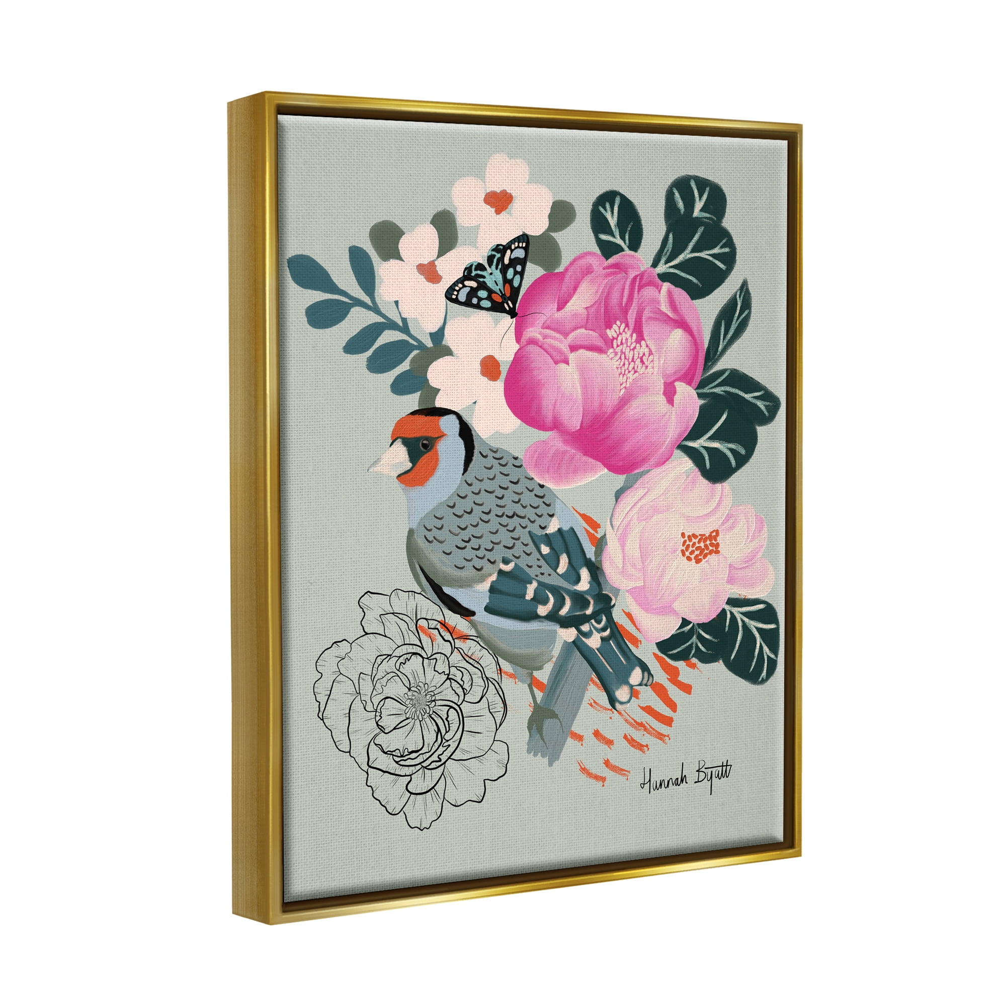 Stupell Industries Bird & Peonies on Green Animals & Insects Painting Gold Floater Framed Art Print Wall Art, 17 x 21