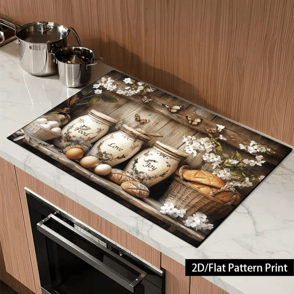 1 piece, stove panel and cooktop panel protection pad, 2D flat country garden jar and bread pattern kitchen decorative countertop pad, suitable for stoves, washing machines, dryers, coffee machines,